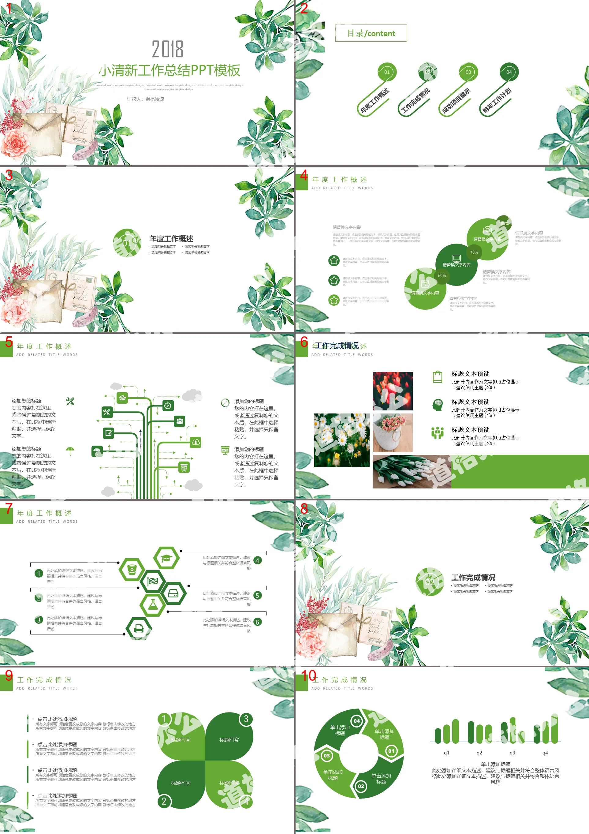 Small fresh watercolor green plant PPT template