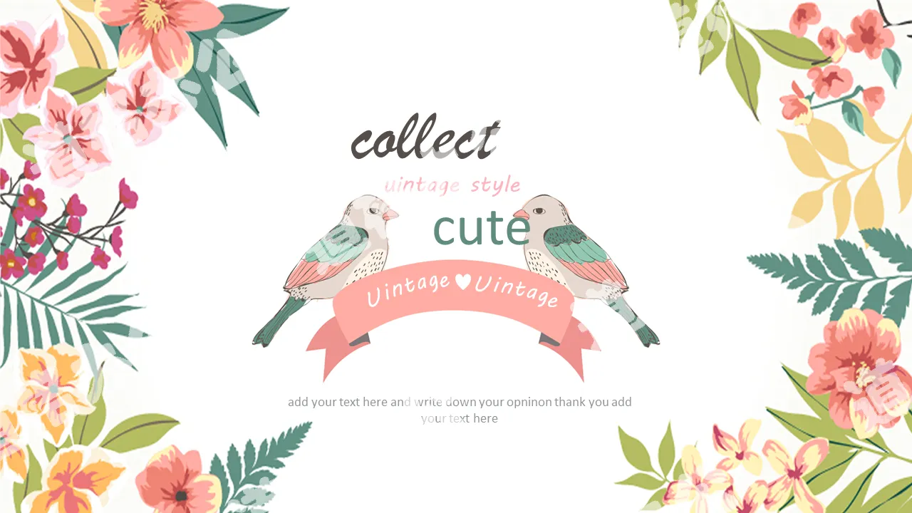 Small fresh retro European flowers and birds PPT template