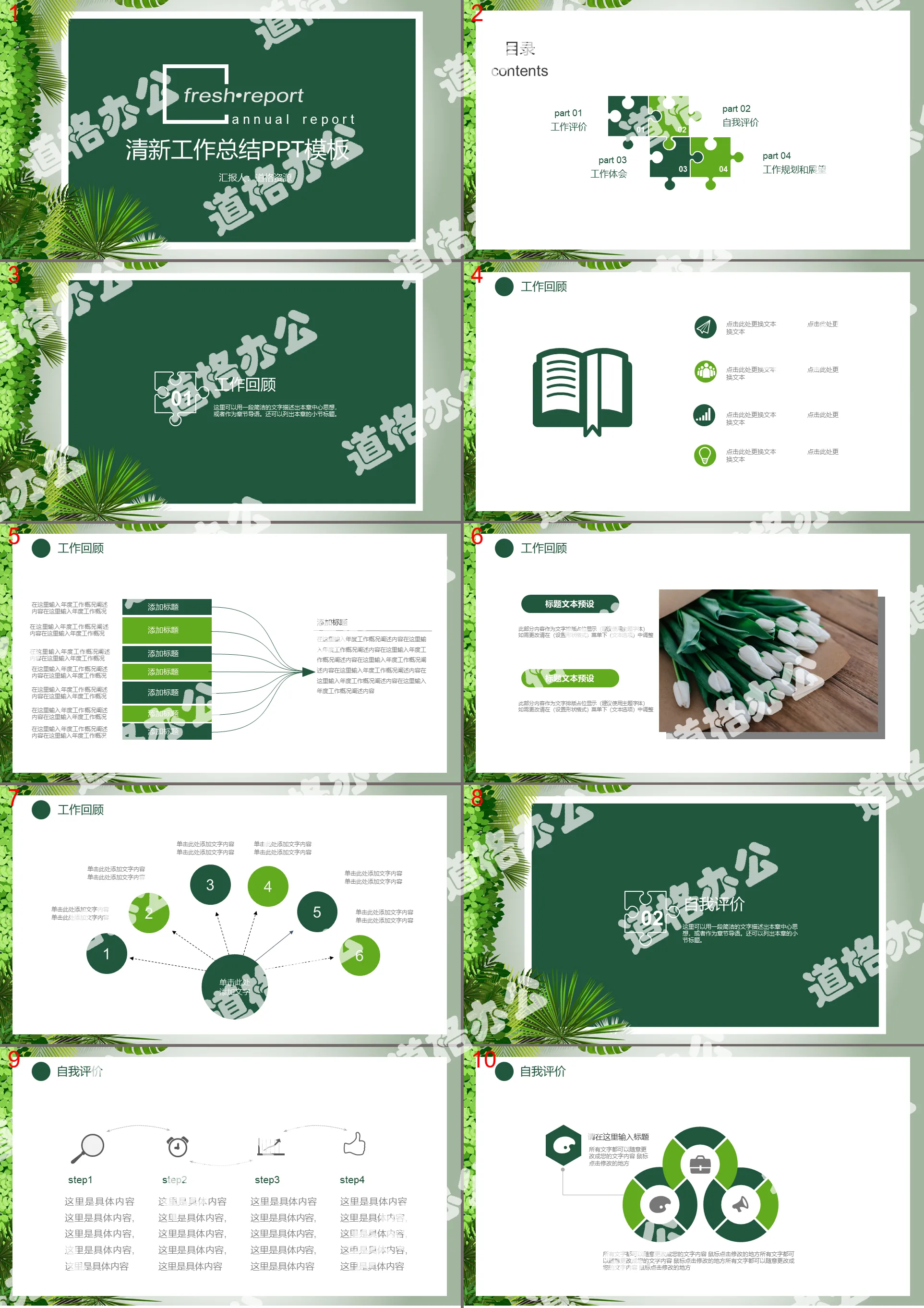 Fresh green plant summary report PPT template