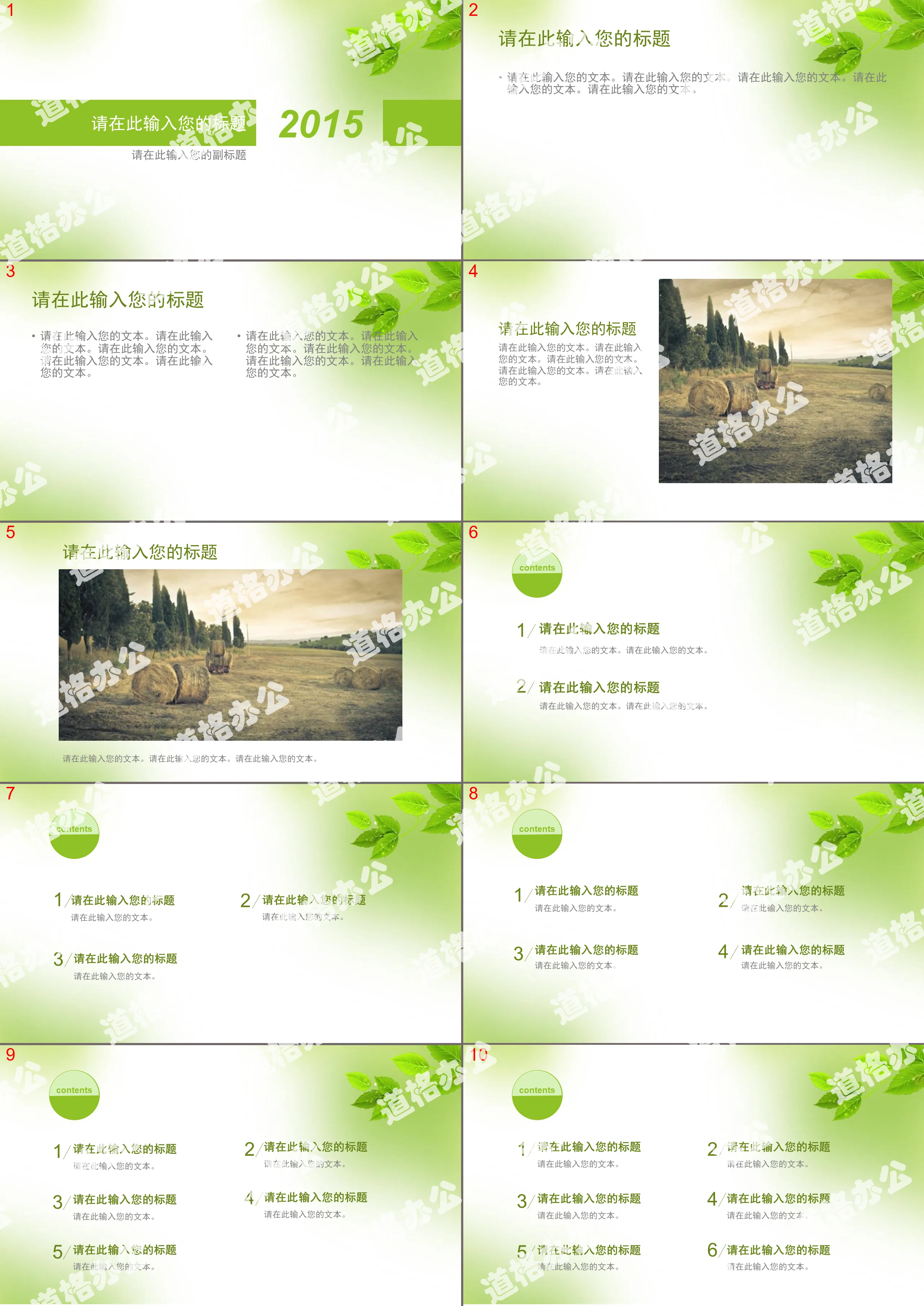 Simple, fresh and elegant green leaves PPT template