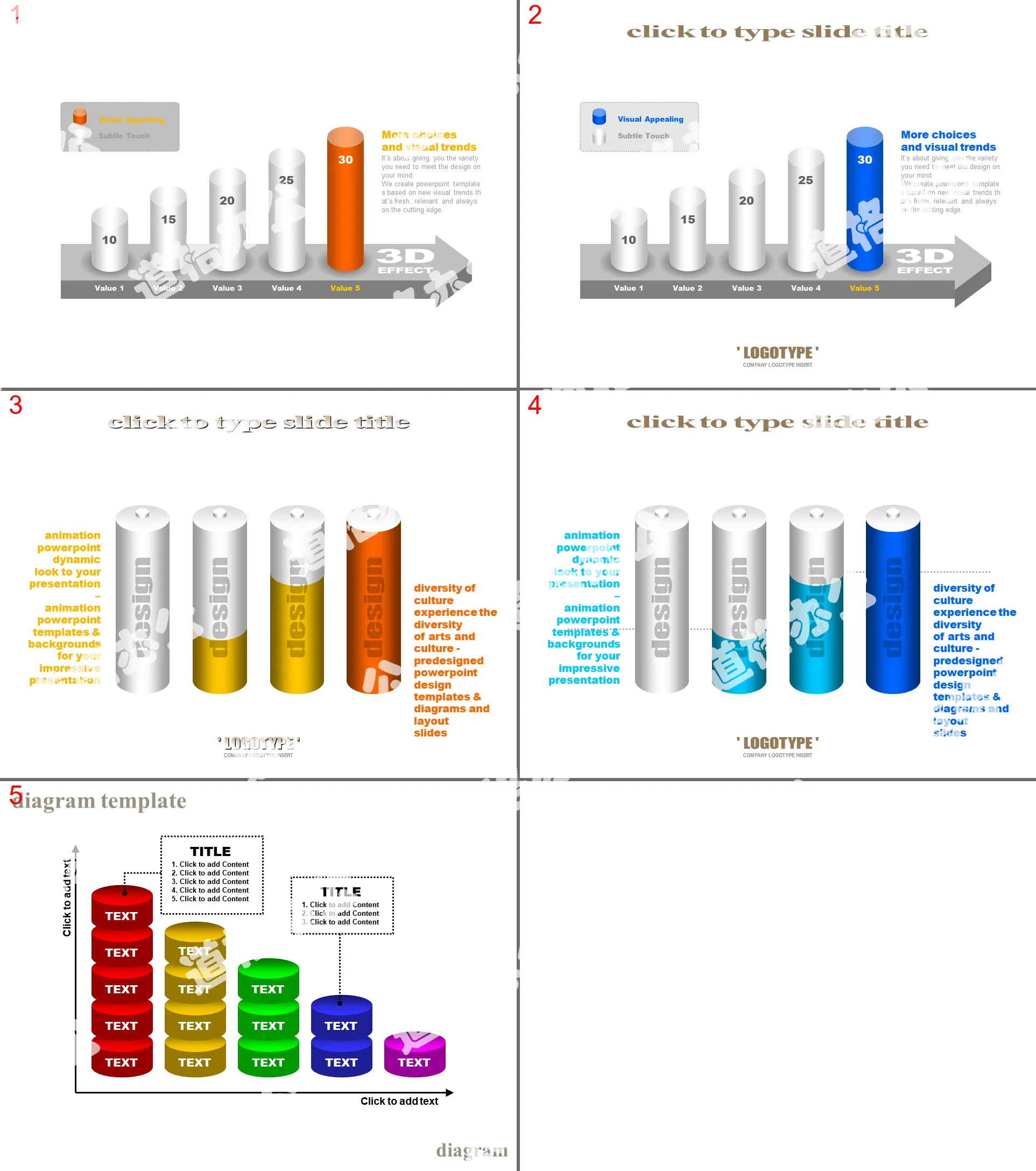 Matériel de modèle de diagramme à colonnes PPT tridimensionnel 3D