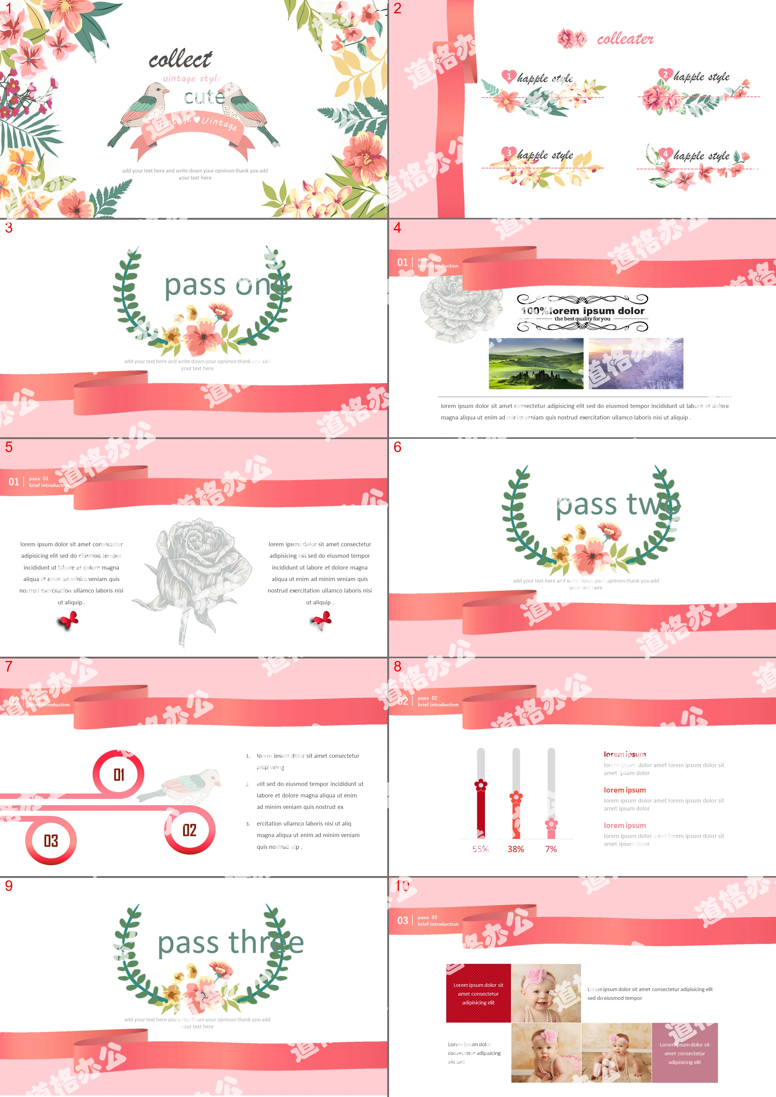 Small fresh retro European flowers and birds PPT template