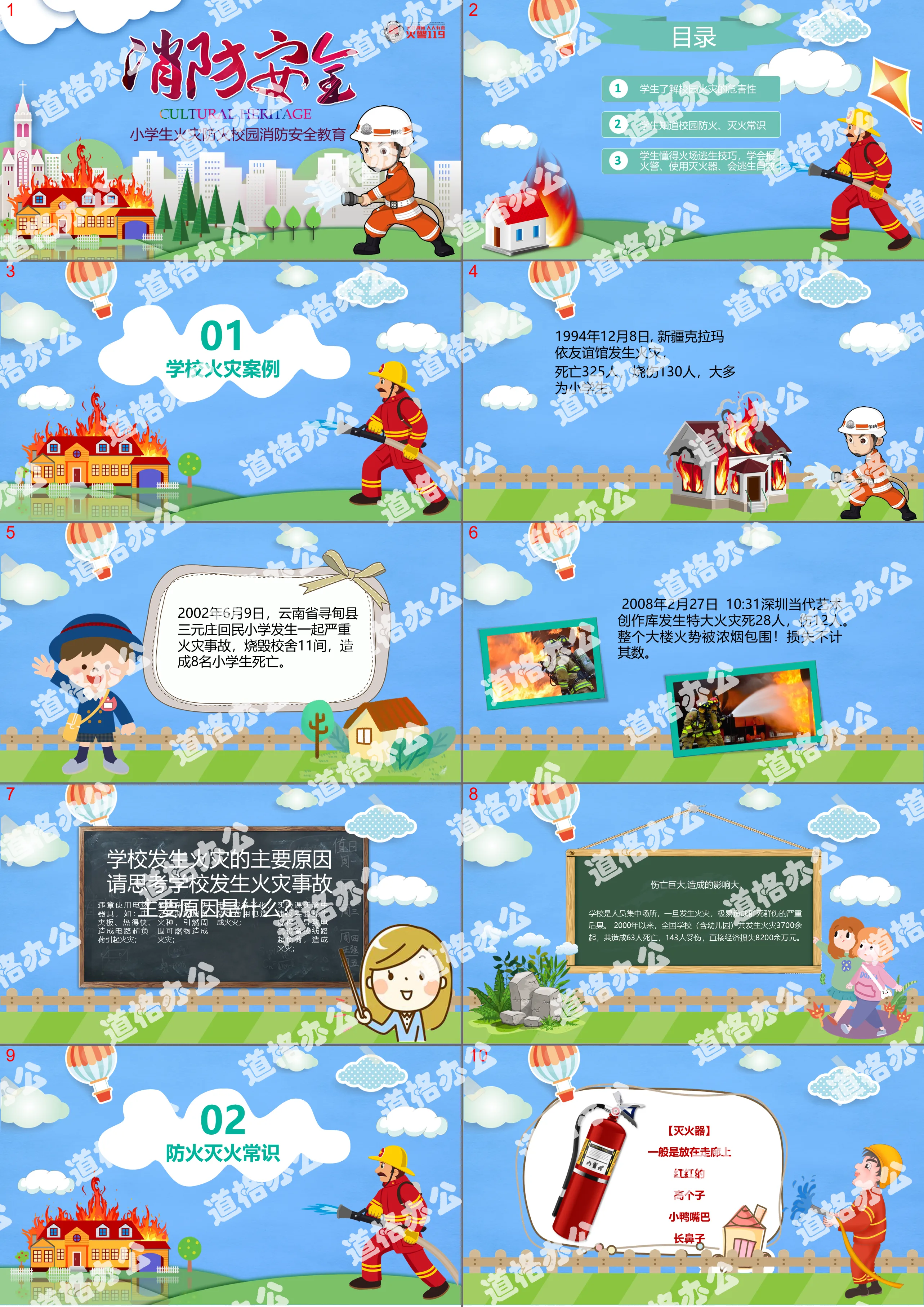 Cartoon wind primary school students campus fire safety education theme class meeting courseware PPT template