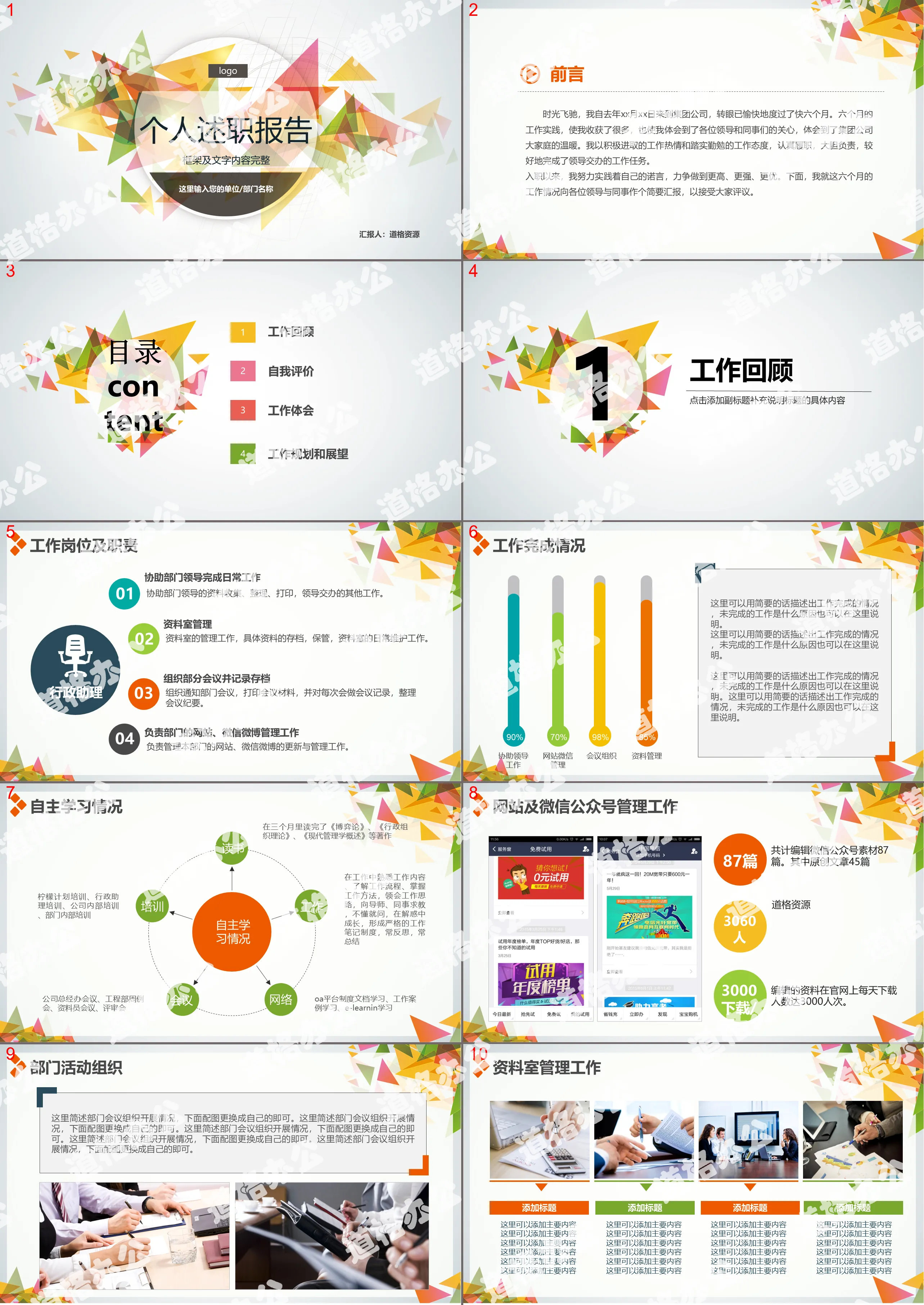 Modèle PPT de rapport de débriefing personnel sur le triangle coloré