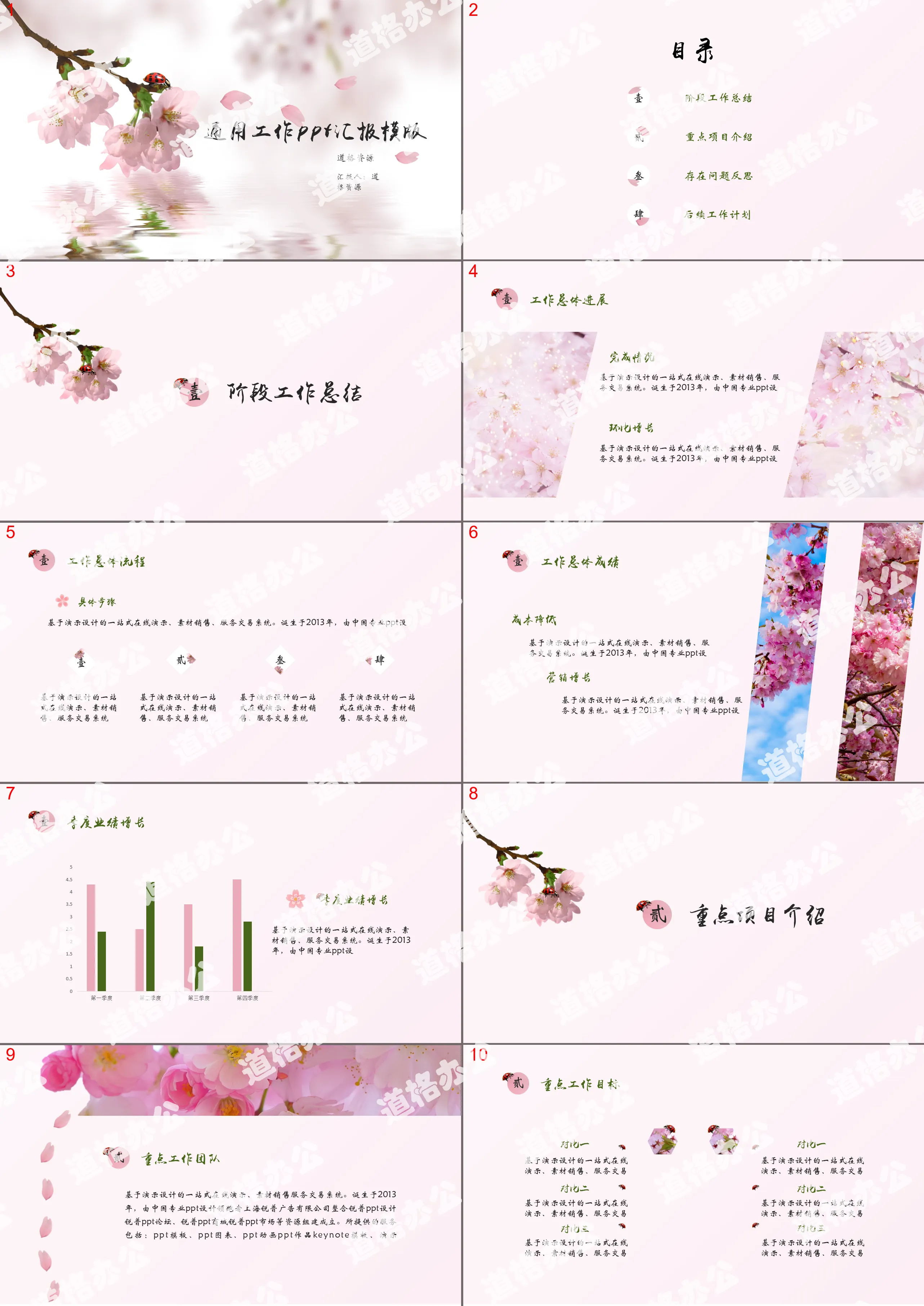 Spring work report peach blossom ppt template