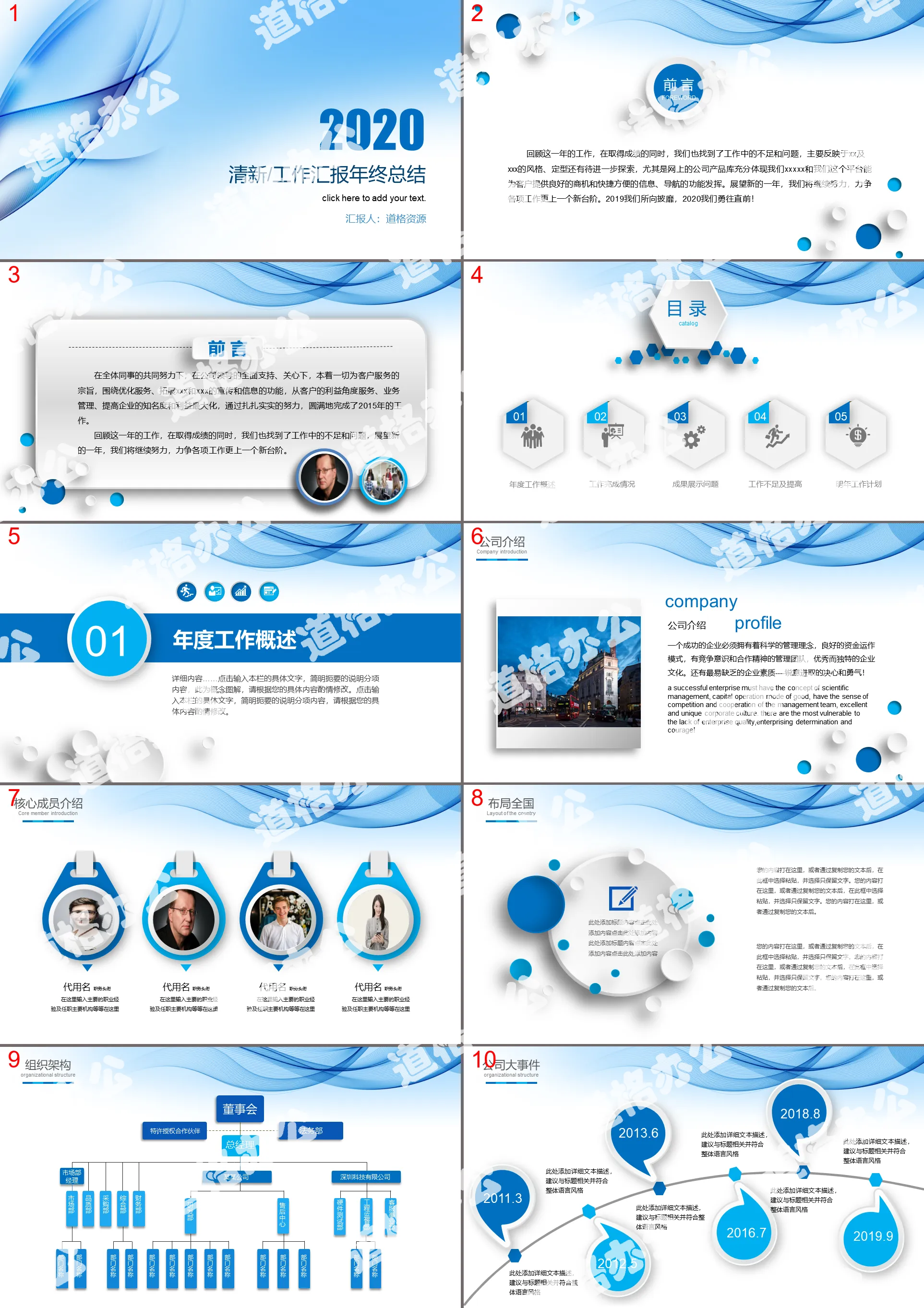 Blue minimalist style 2020 year-end work summary general PPT template