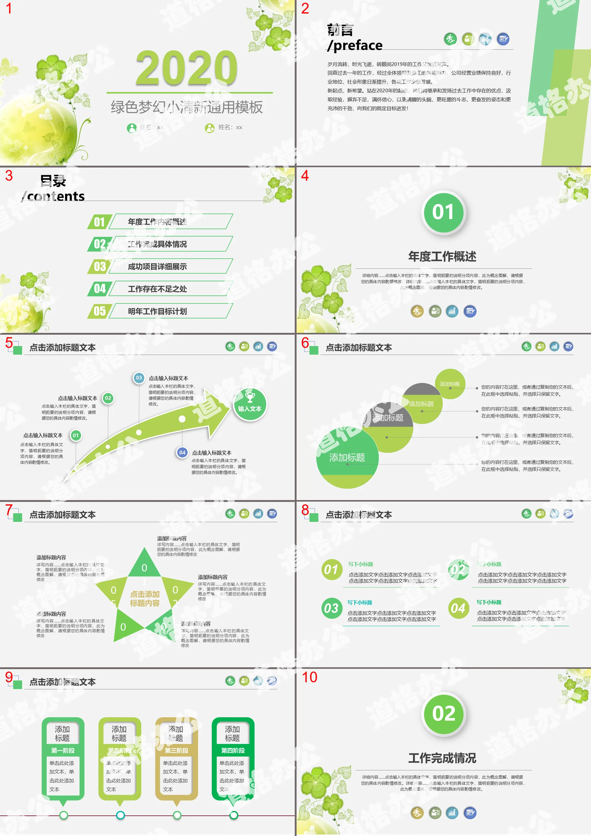 Green fantasy small fresh work summary PPT template