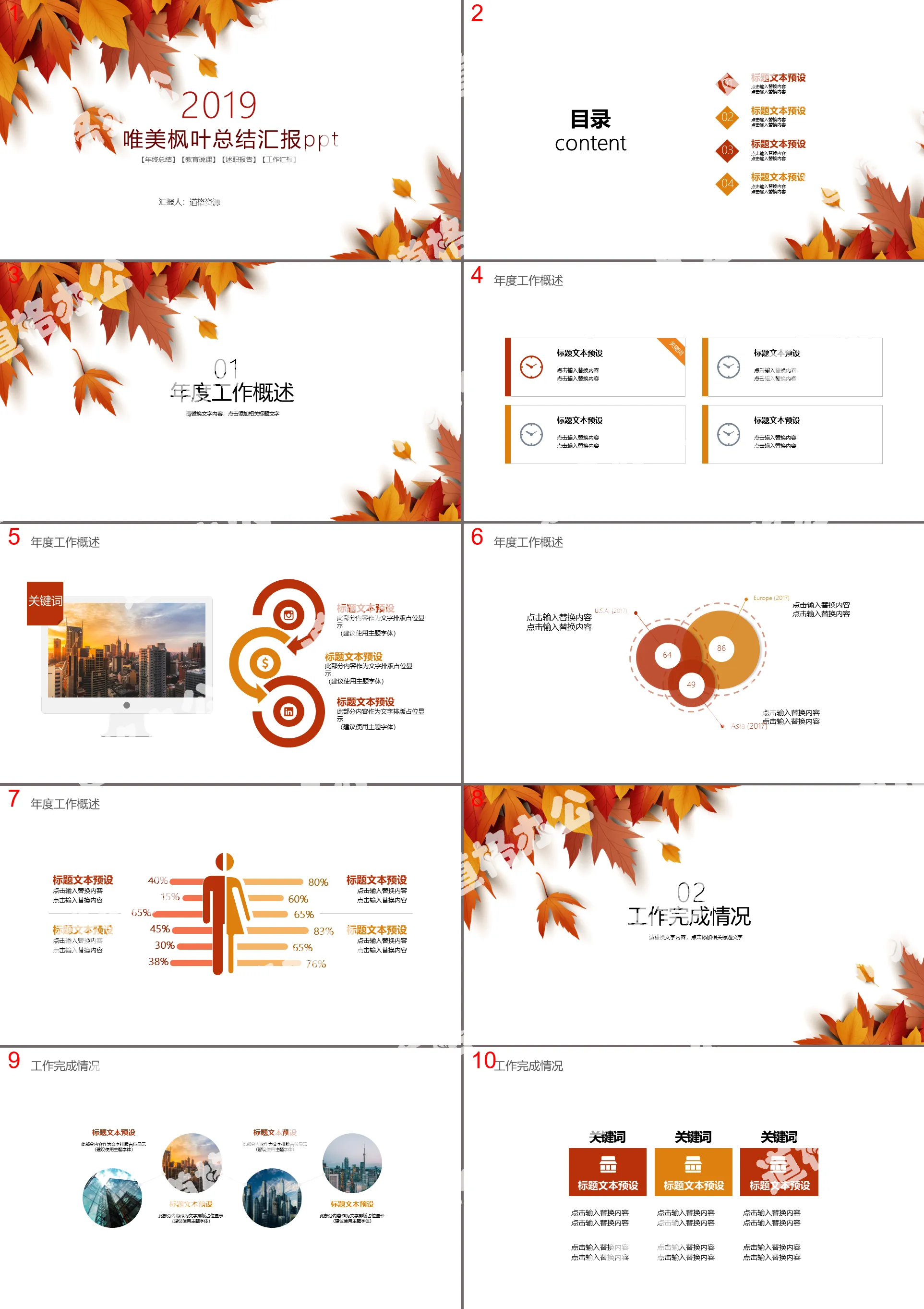 Simple leaf year-end work summary report PPT template