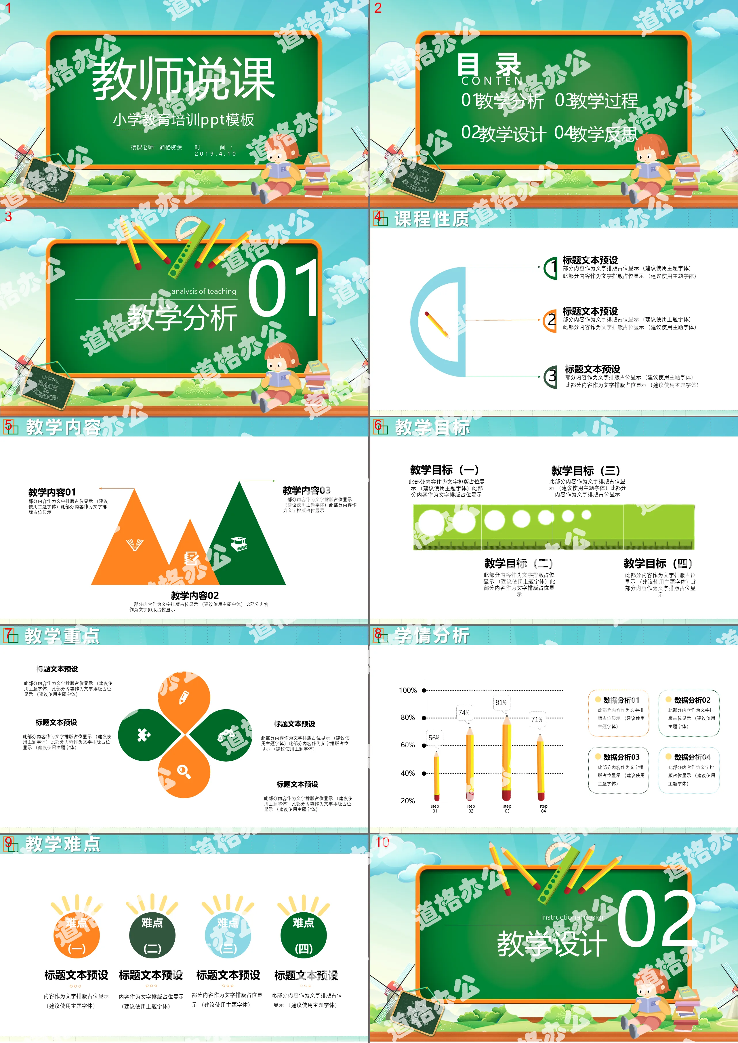 卡通風小學生幼兒園教師說課教學設計課件PPT模板