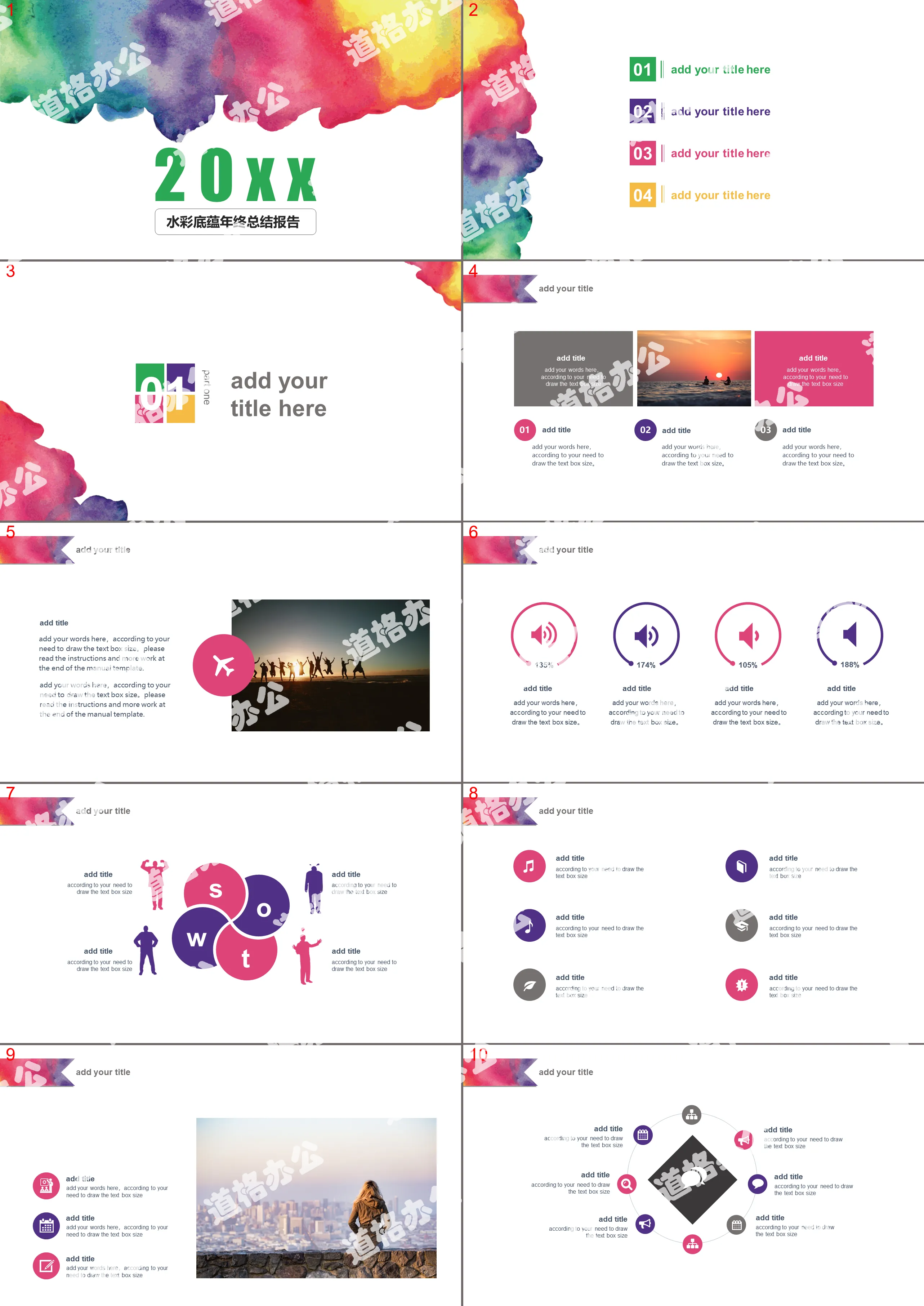 Literary and aesthetic watercolor background year-end summary report PPT template