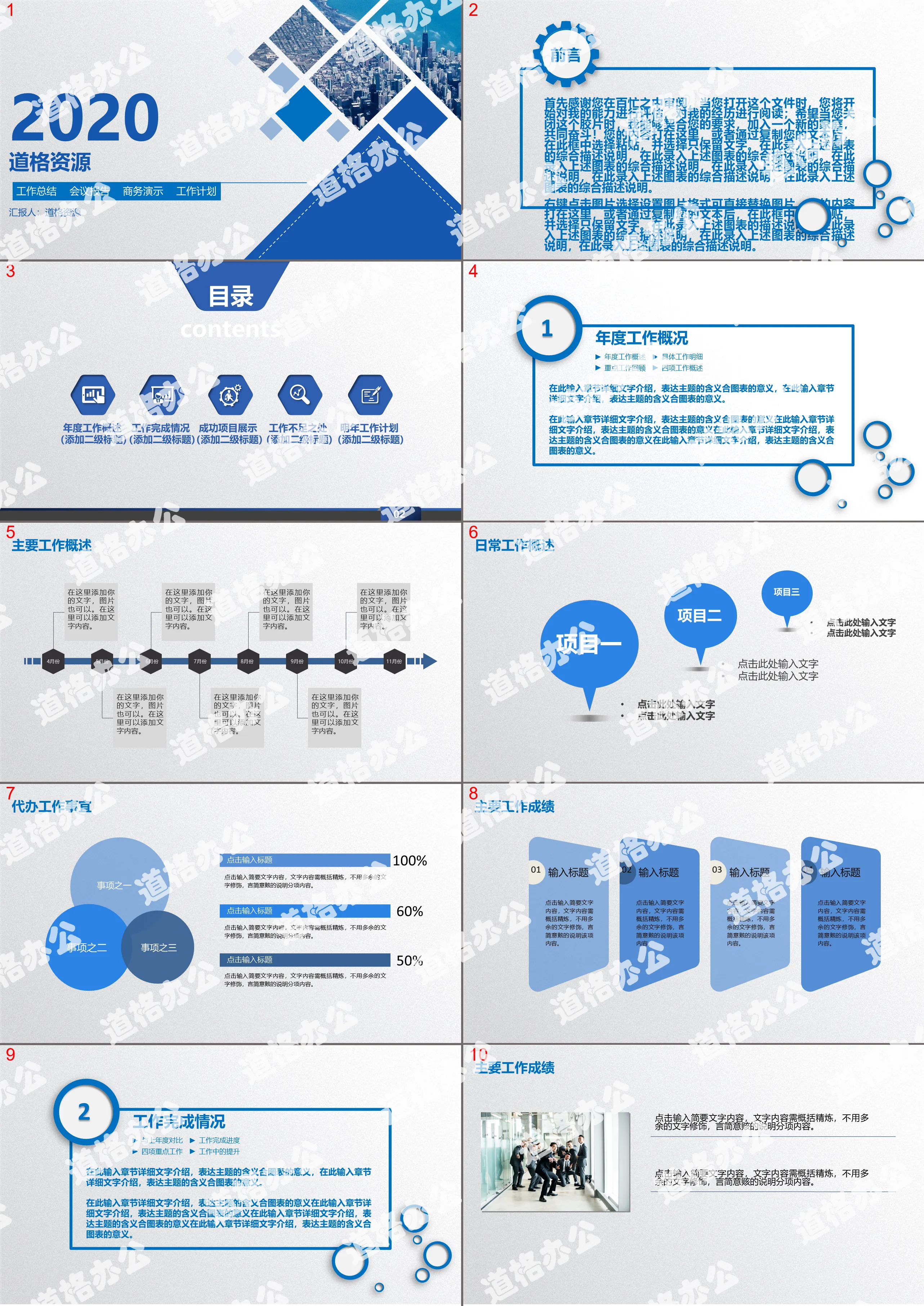 Modèle PPT de plan de rapport de réunion de résumé de travail simple atmosphère bleue