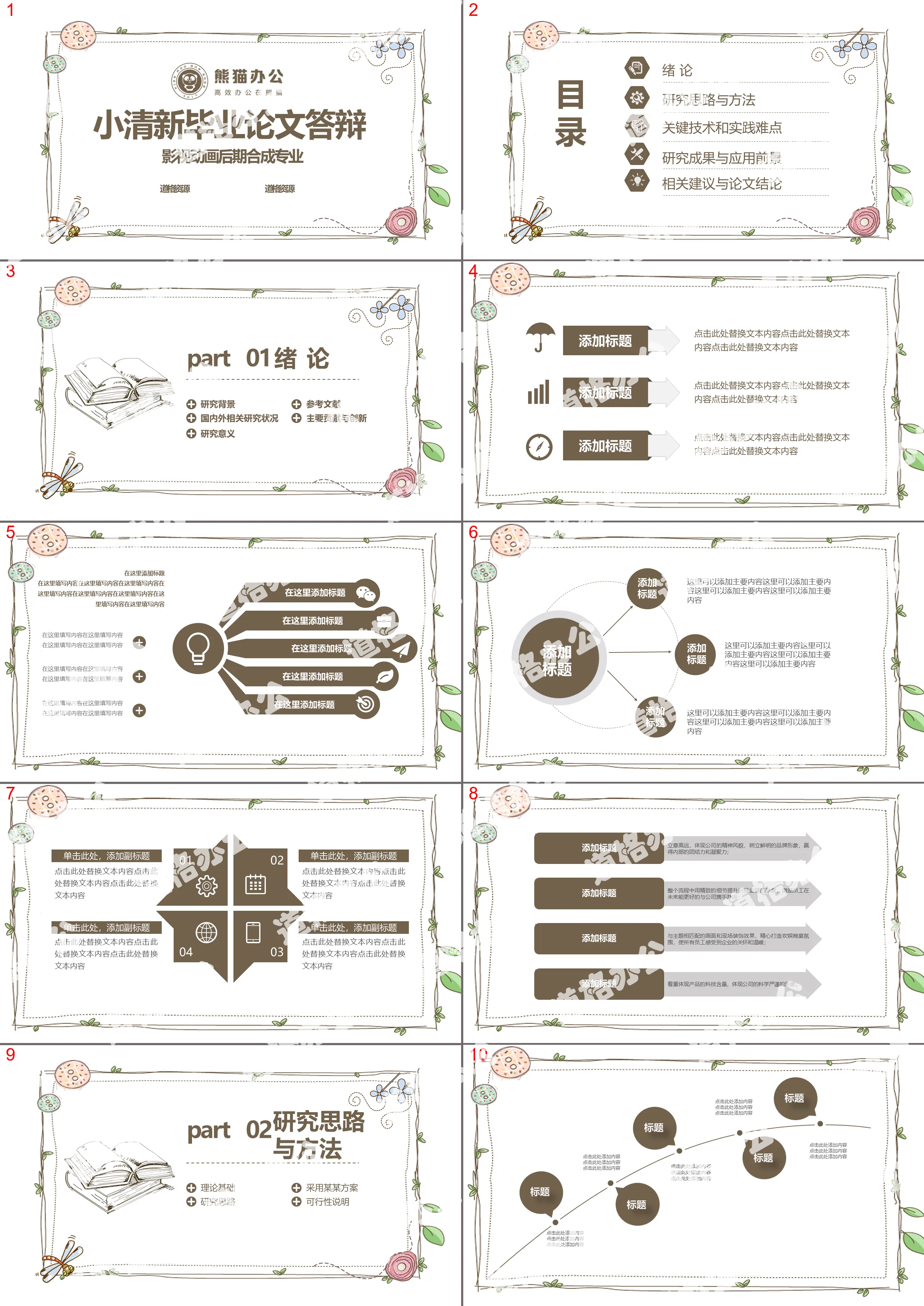 清新手绘风本科生硕士生研究生毕业论文答辩开题报告PPT模板