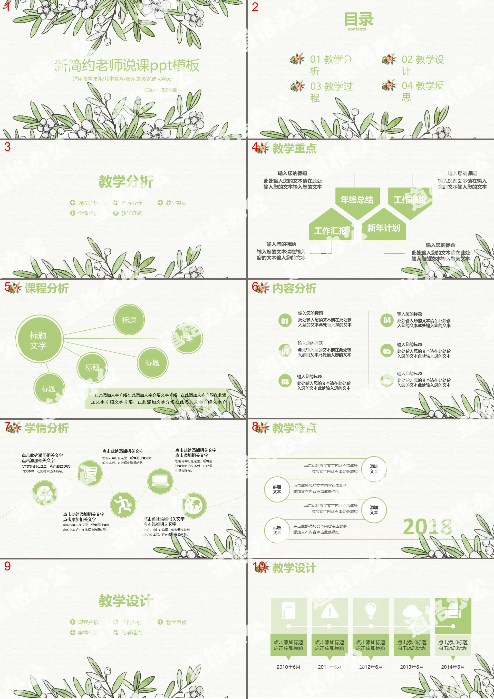 绿色小清新简约老师说课教学设计PPT模板