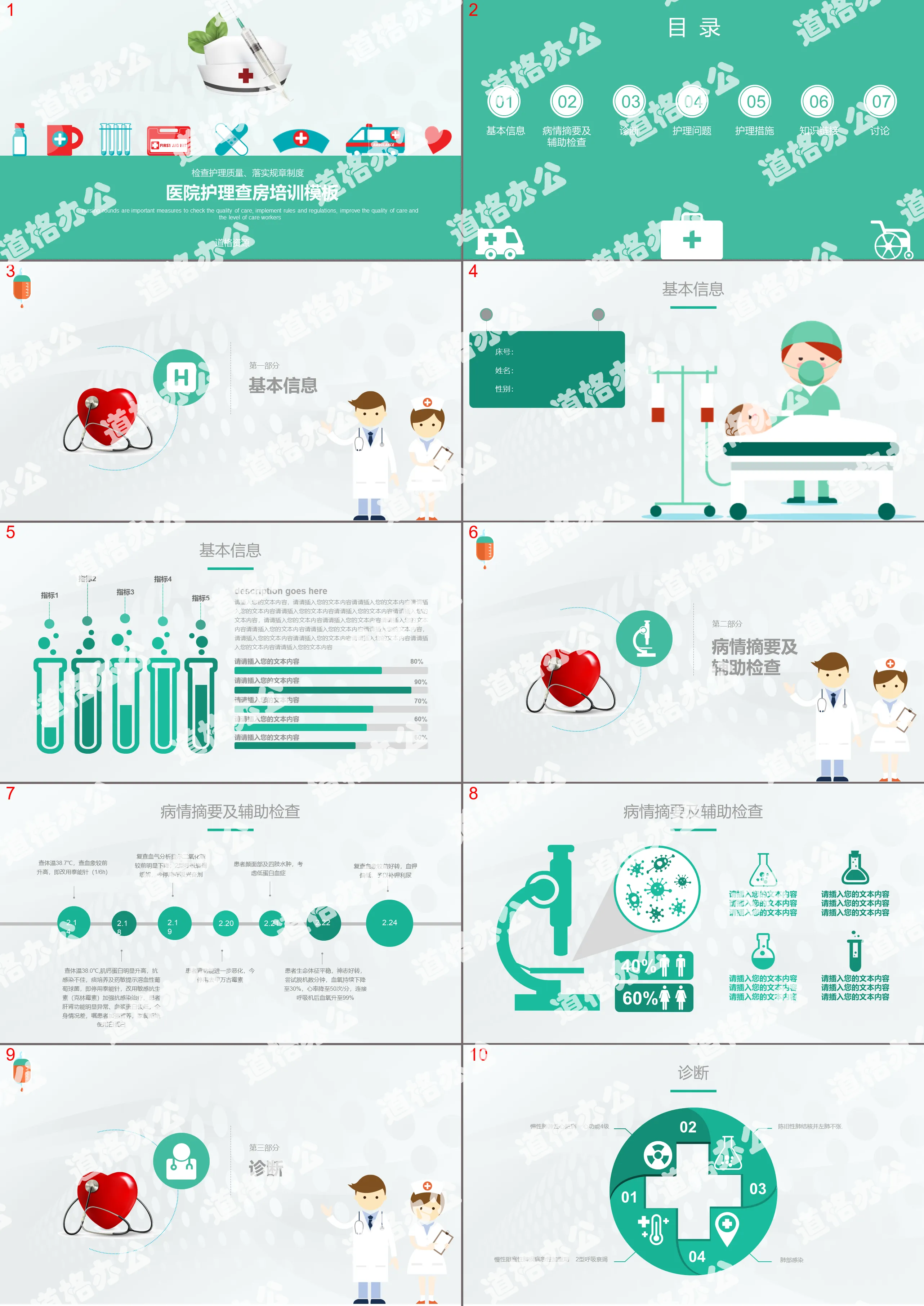 Flat cartoon hospital nursing rounds training PPT template