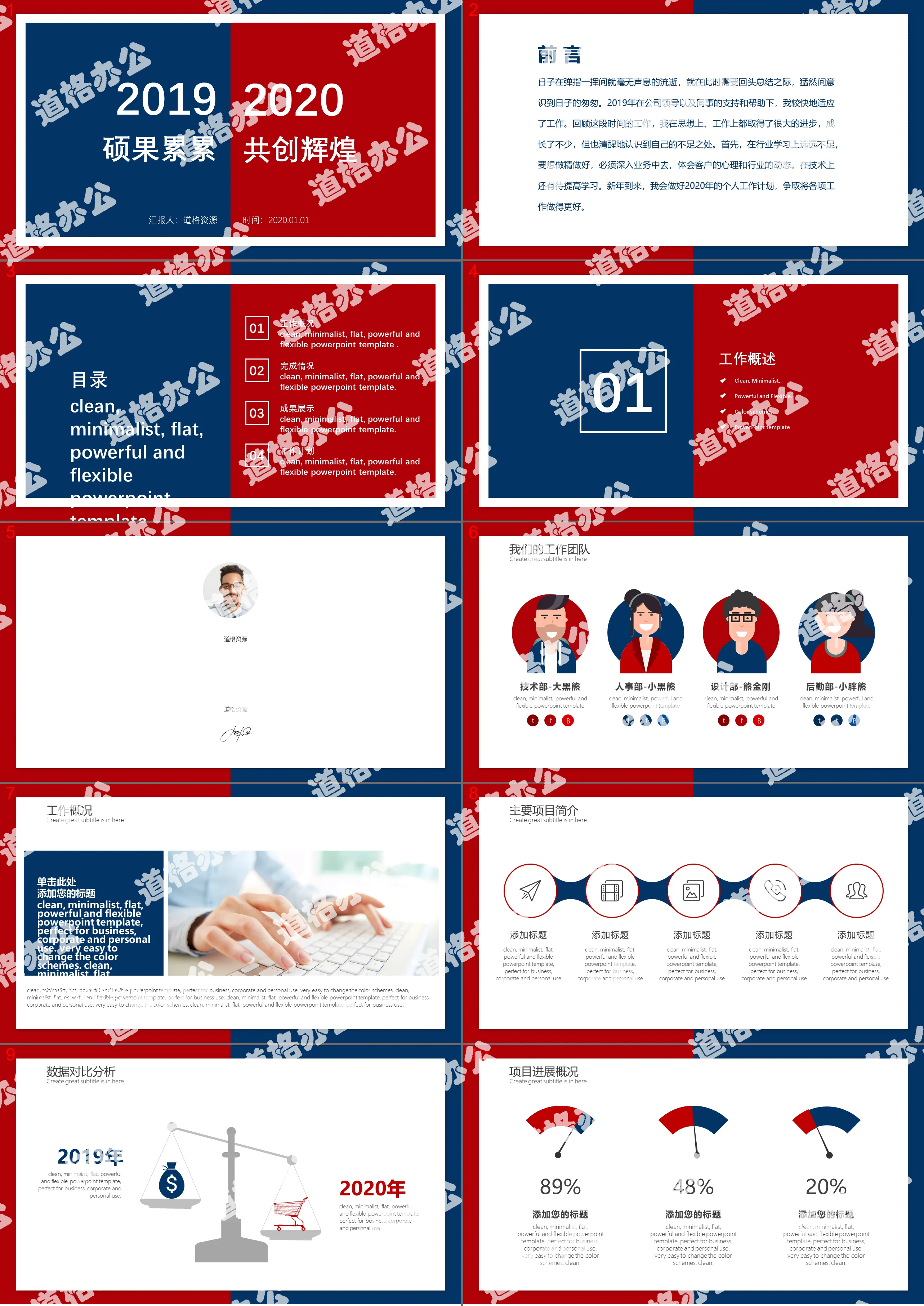 Modèle PPT de résumé de fin d'année 2020 avec contraste de couleurs rouge et bleu