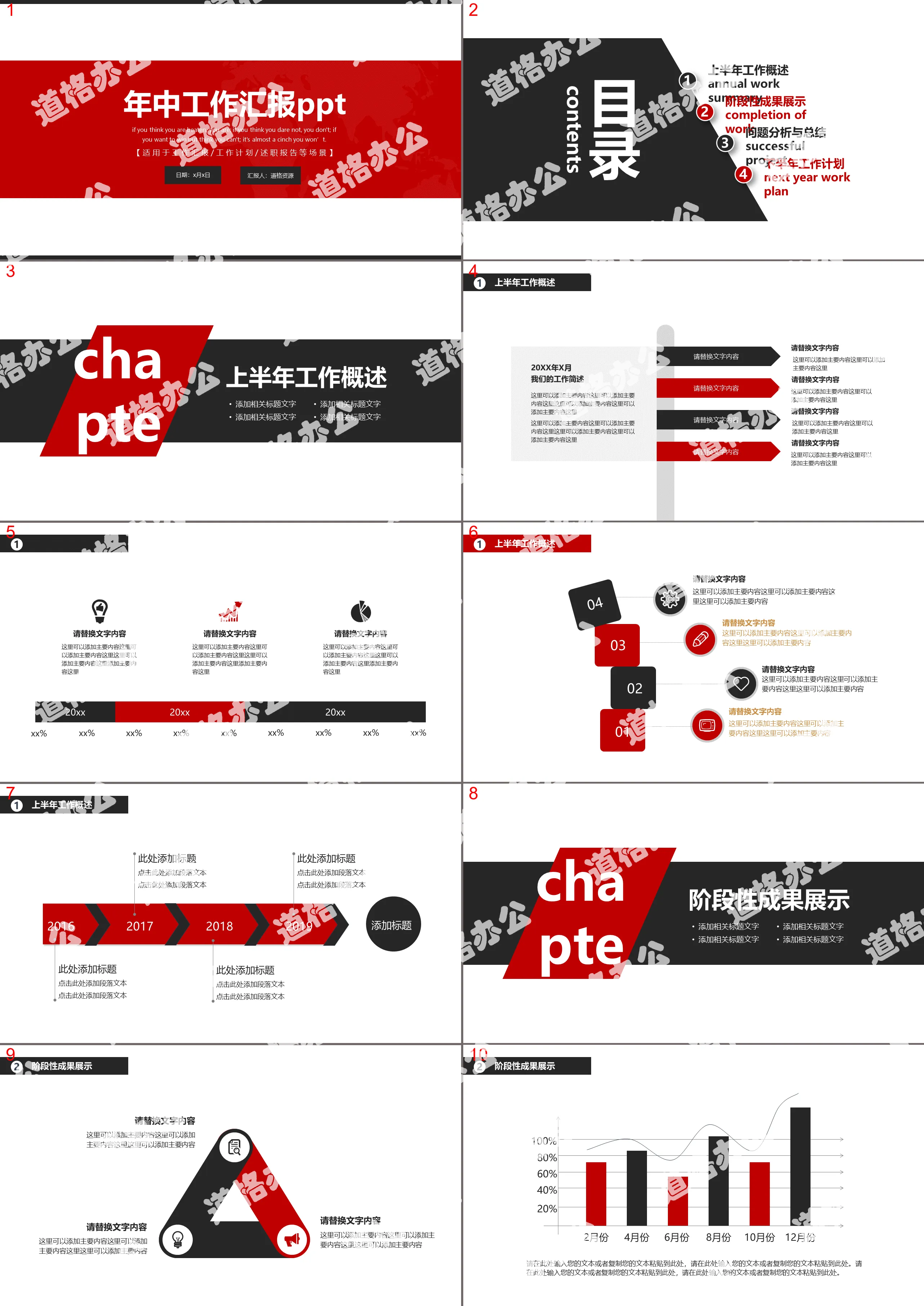 Modèle PPT de résumé de travail du rapport de travail de mi-année sur le vent simple rouge et noir