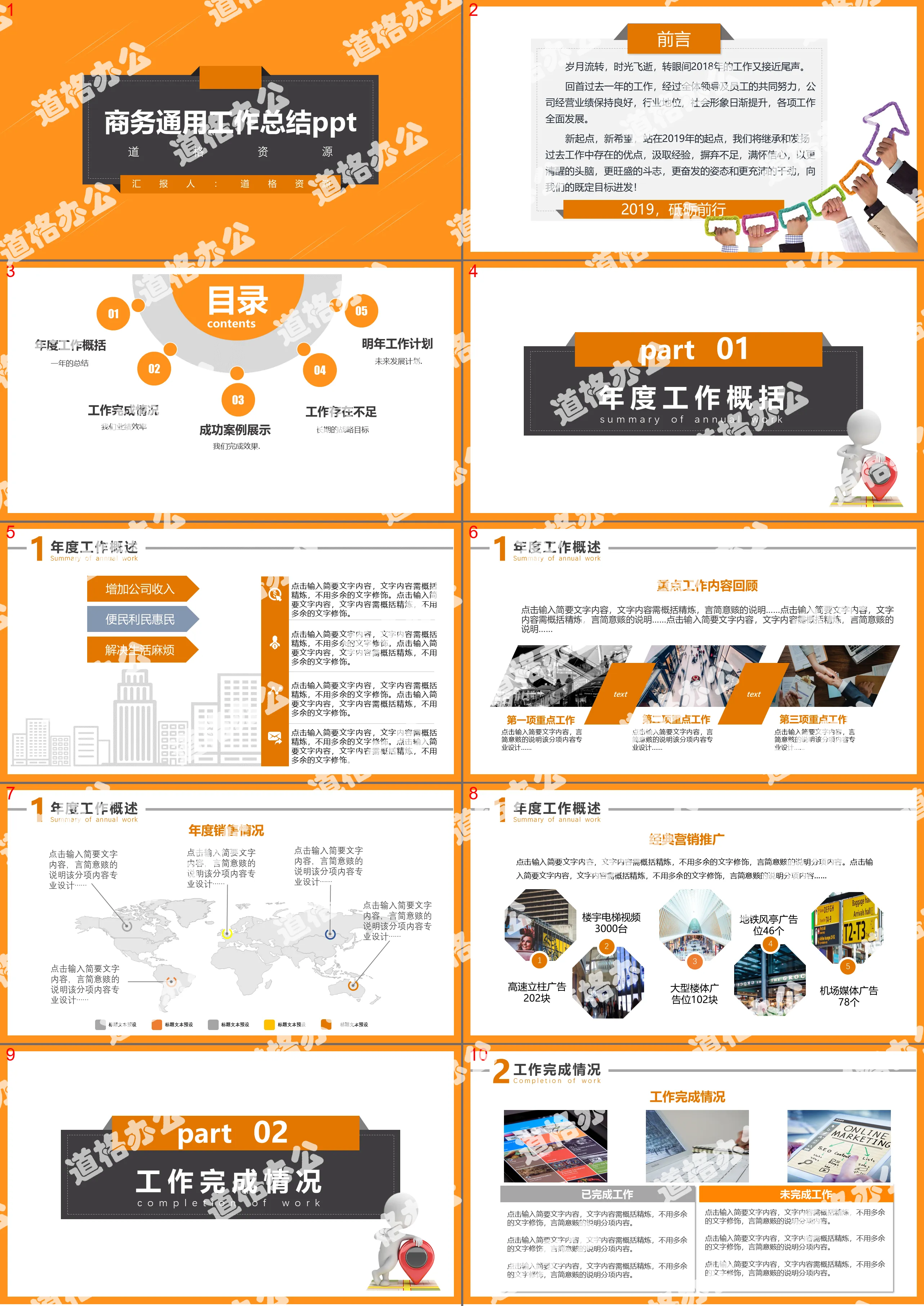 2019时尚橙色商务简约通用公司工作总结汇报动态PPT模板