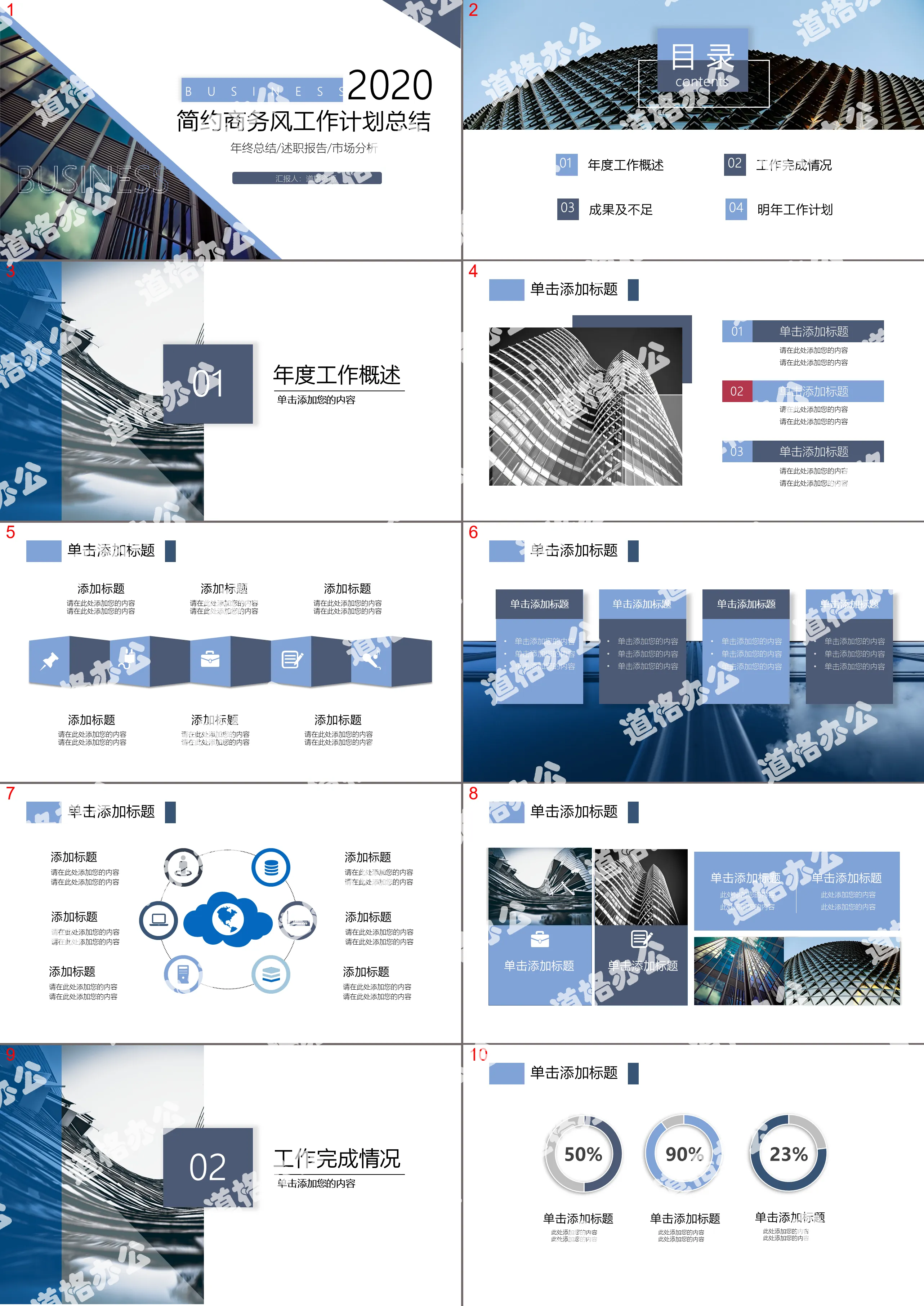 藍色簡約風商務工作匯報年終總結PPT模板