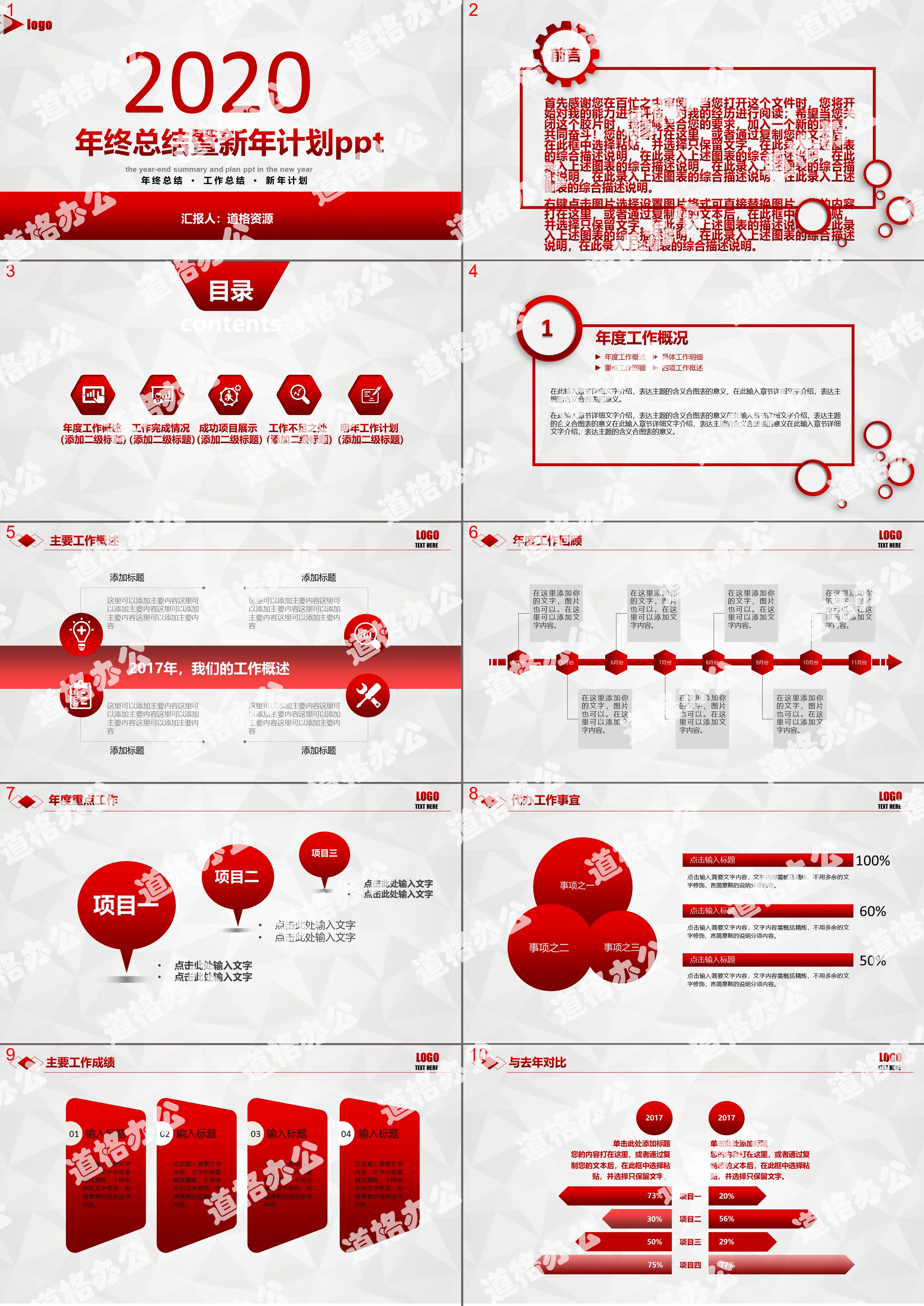 Creative red 2020 year-end summary work plan PPT template