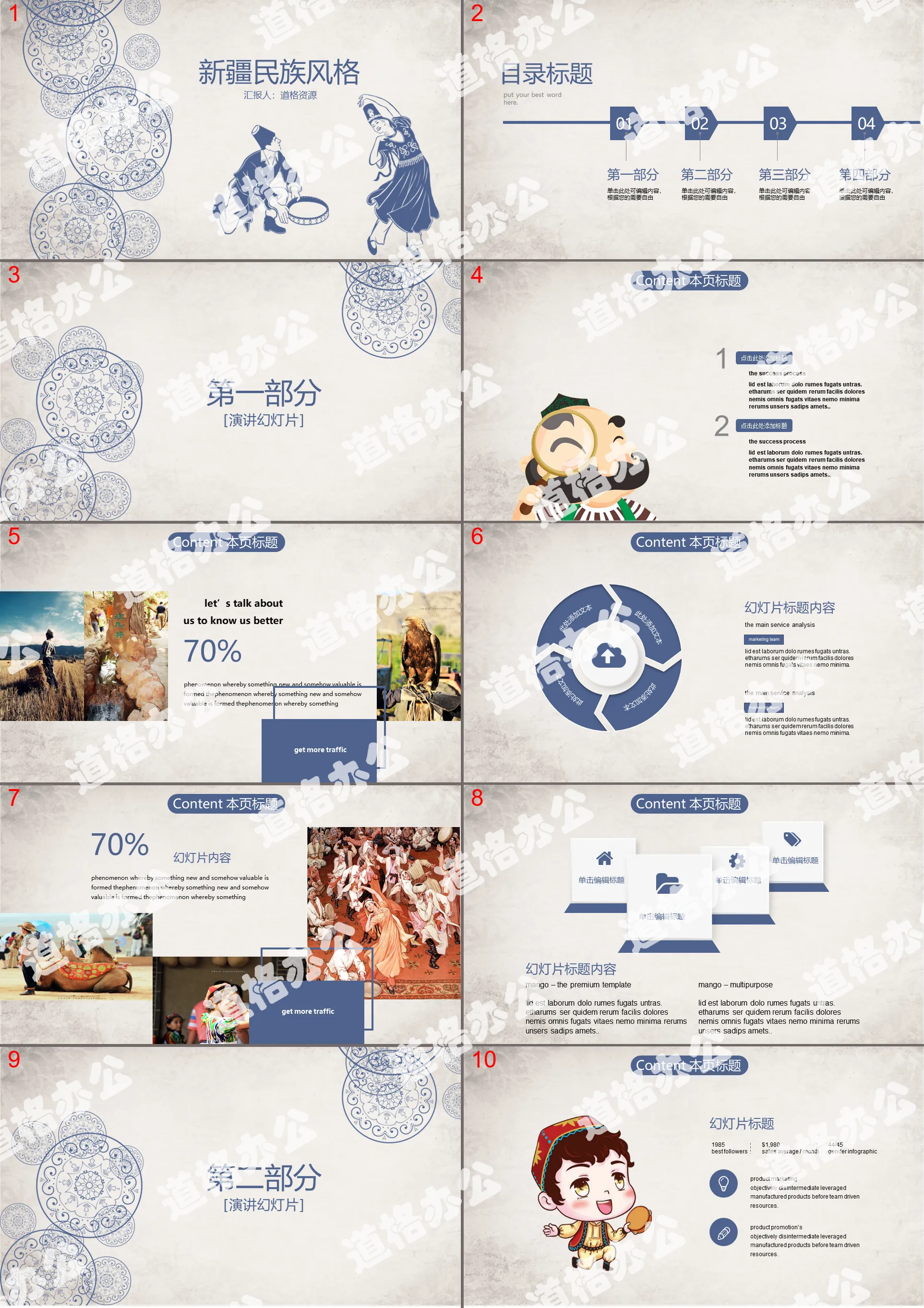 Blue Xinjiang ethnic style PPT template