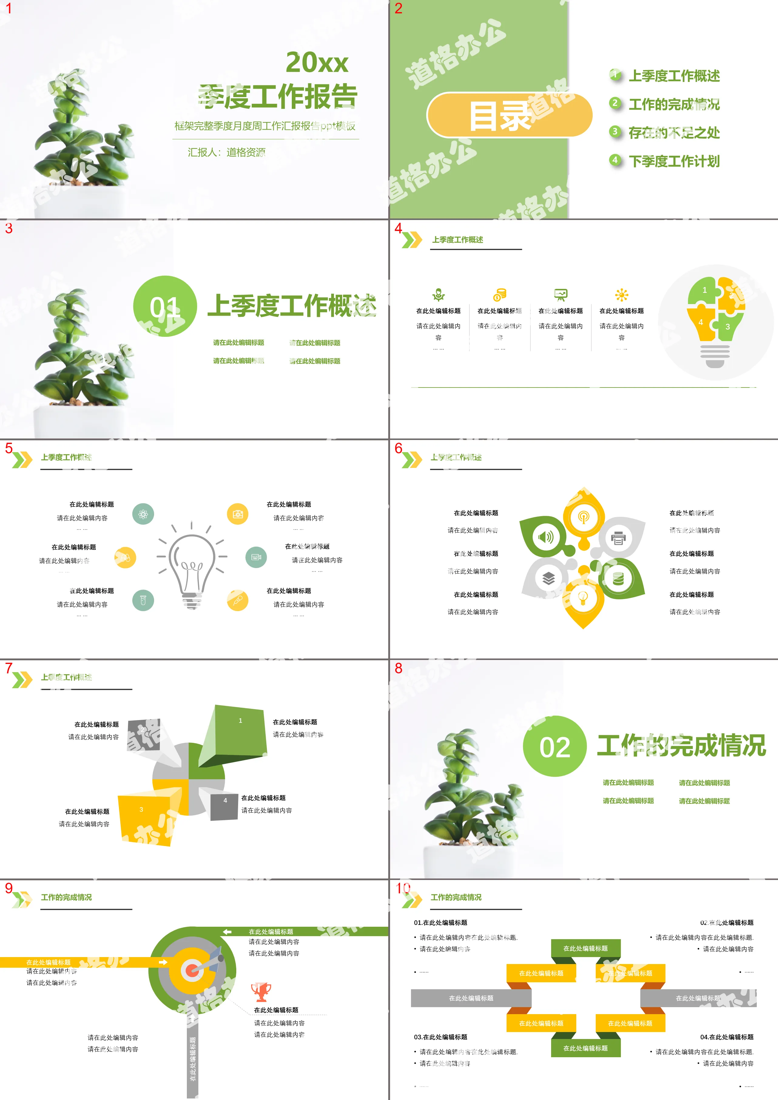 Green small fresh quarterly monthly work report general PPT template