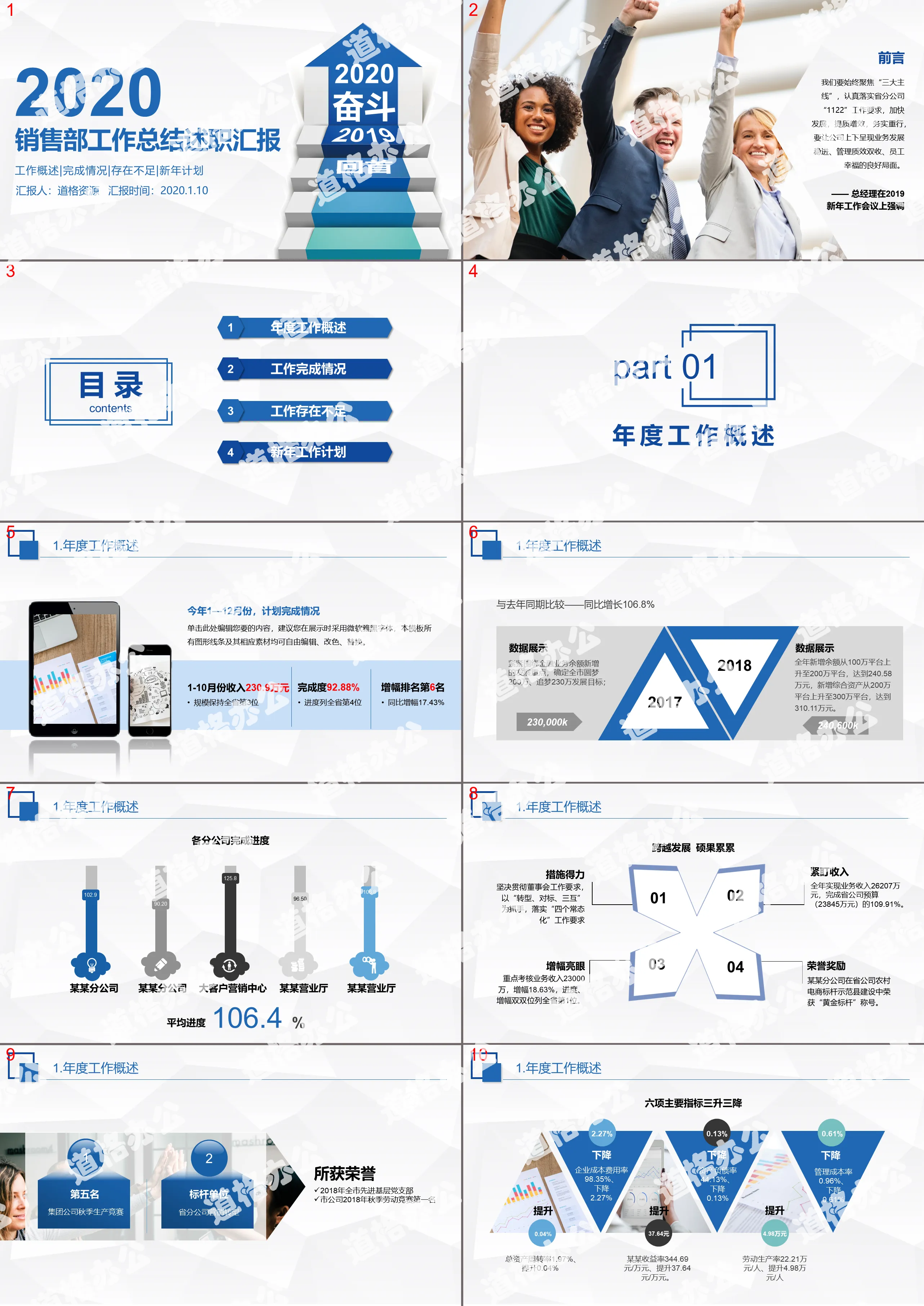 奮鬥吧2019湛藍簡約商務風公司企業銷售工作總結計劃PPT模板