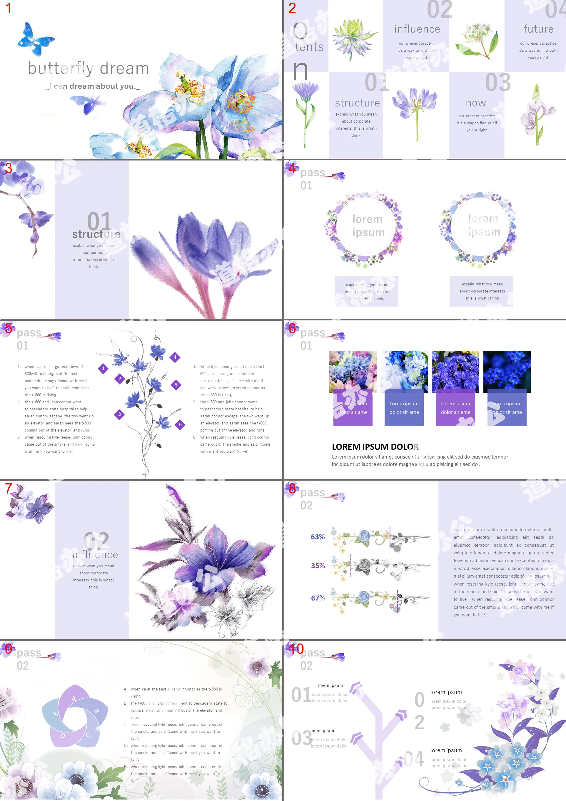 Literary and beautiful blue butterfly general PPT template