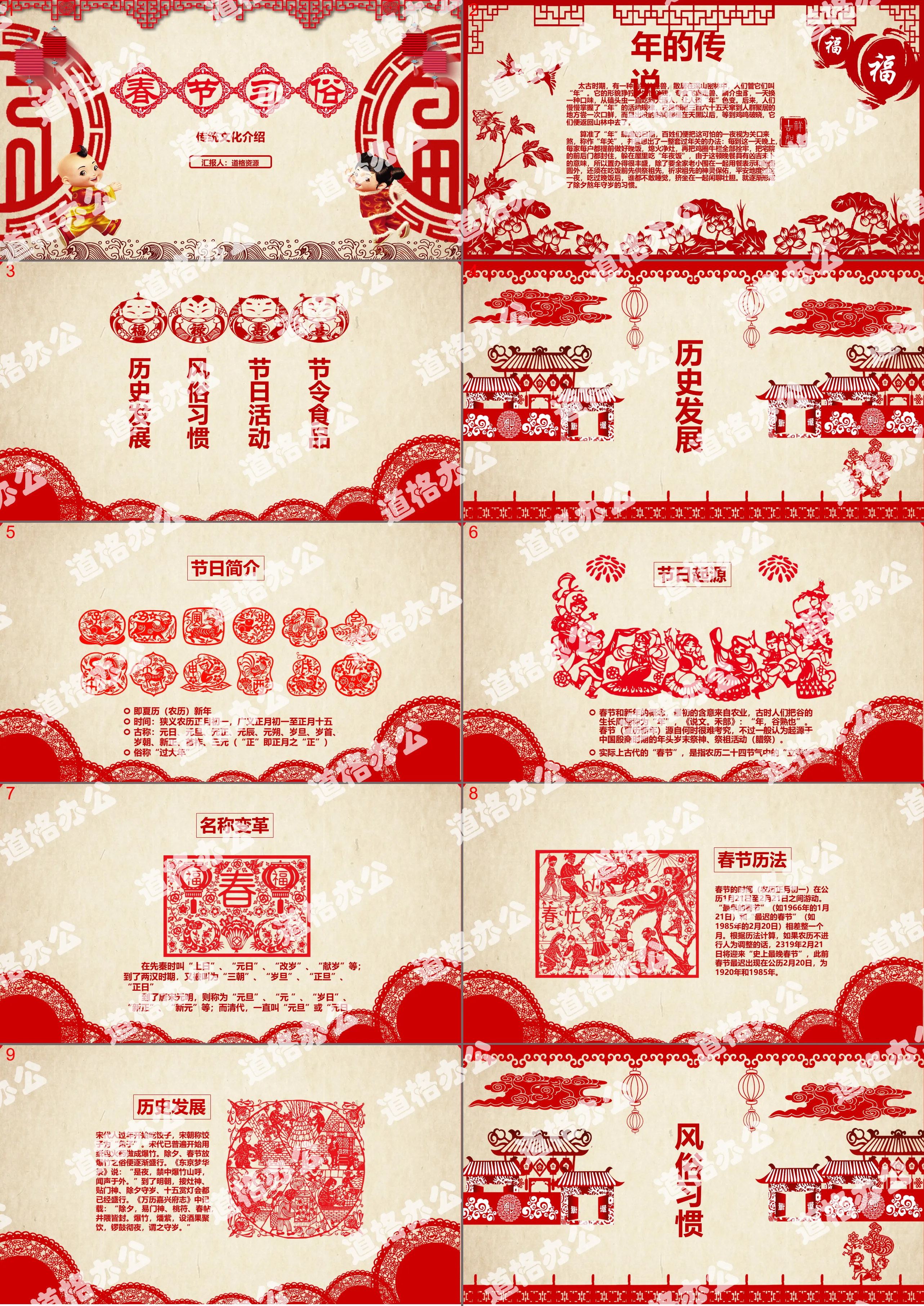 Paper-cut style Spring Festival customs and culture introduction PPT template