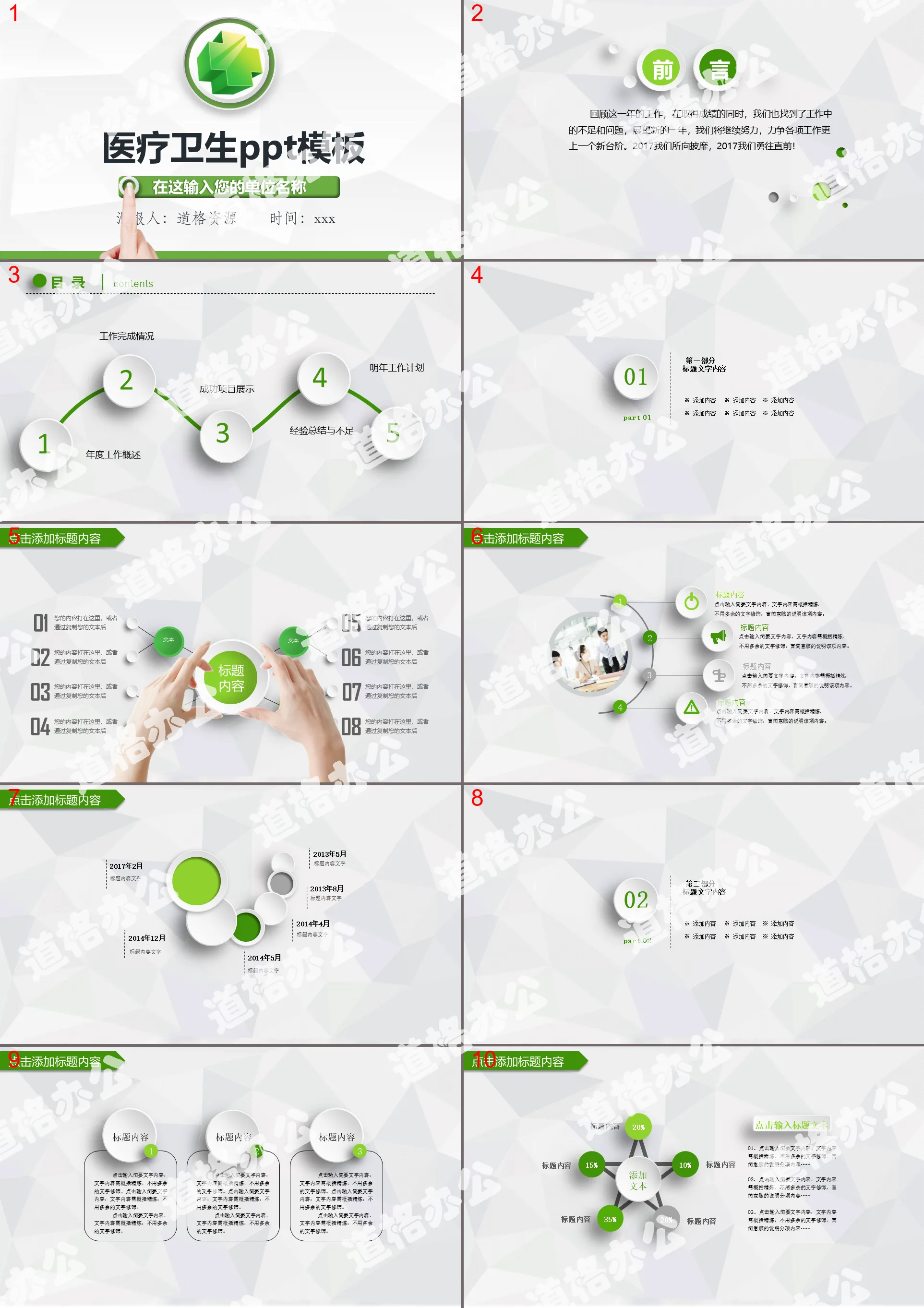 Microsome green simple medical and health hospital work report summary PPT template