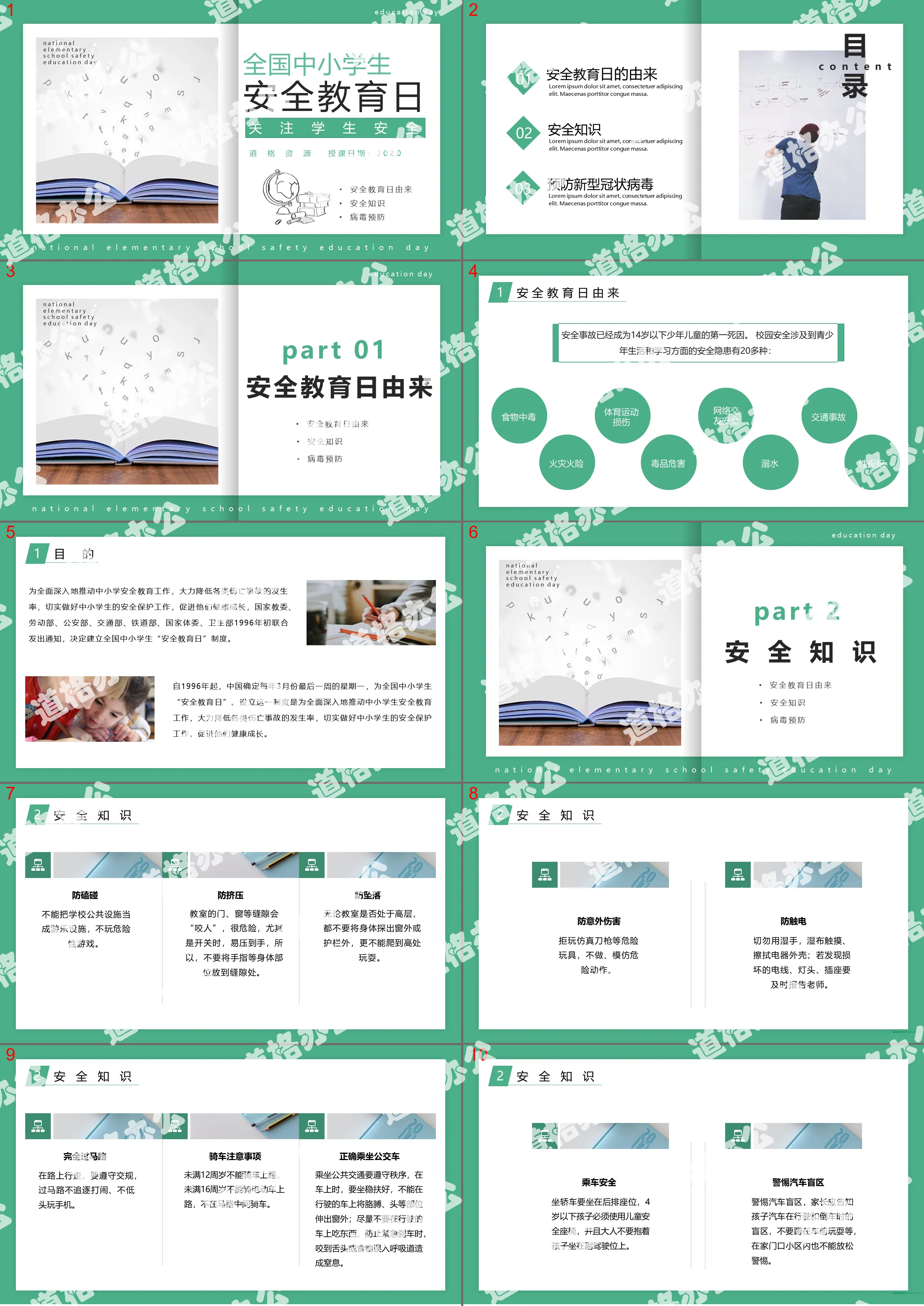 Modèle PPT de formation et d'apprentissage pour la journée nationale de l'éducation à la sécurité dans les écoles primaires et secondaires de style minimaliste vert élégant